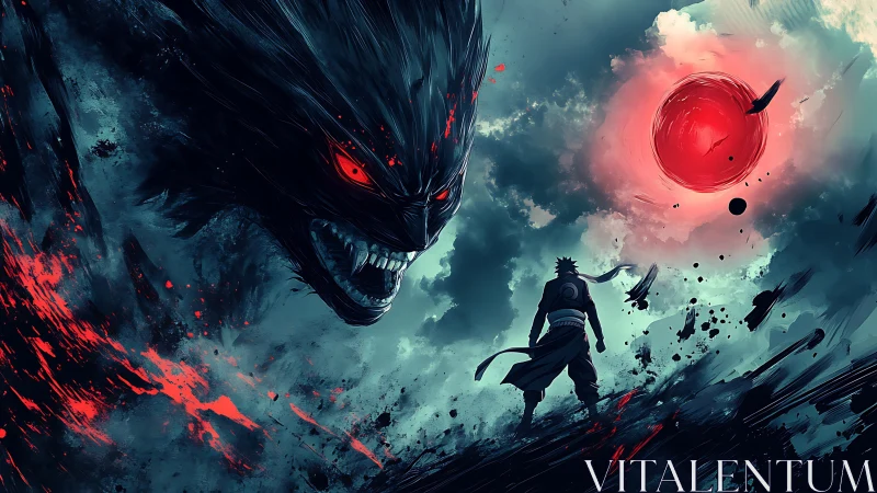 Demonic vortex apparition confronting lone warrior under blood sun.