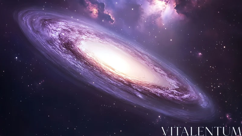 Elliptical spiral galaxy rendered with luminous accretion core and dust lanes