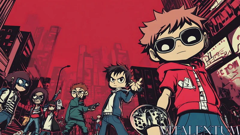Dynamic urban youth ensemble in stylized anime street perspective.