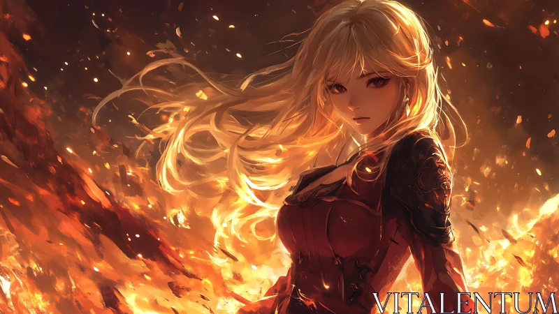 Flame-clad warrior in ember storm with luminous blonde hair.