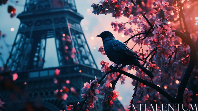 Twilight crow in neon blossoms beneath a dreaming tower.