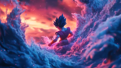 Heroic anime warrior embracing a glowing cosmic storm.