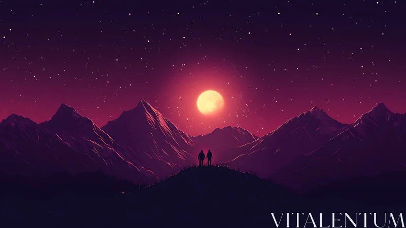 Two friends under a glowing moonlit mountain sky.