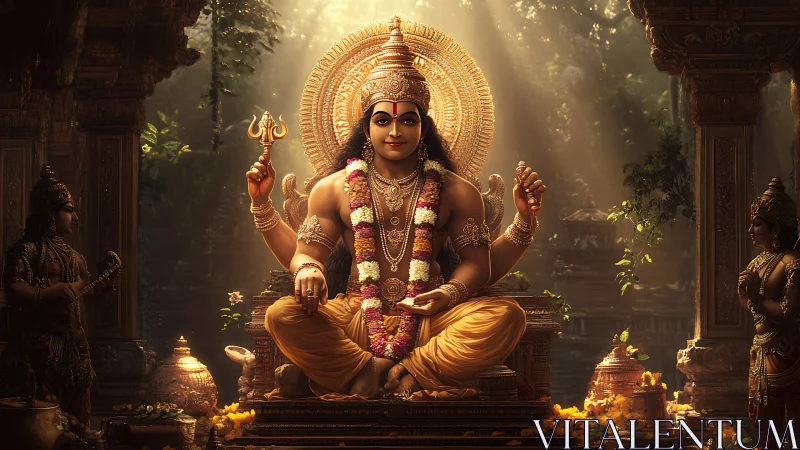 Radiant divine deity enthroned in sunlit temple sanctum.