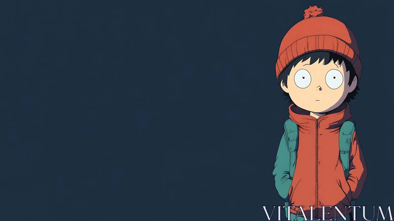 Child in winter clothing stands against uniform dark background