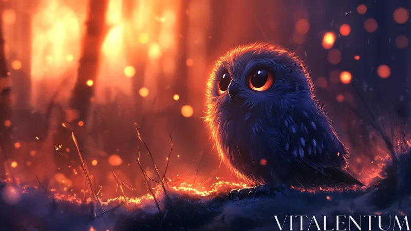 Firelit forest owl with ember-bright eyes in twilight glow.