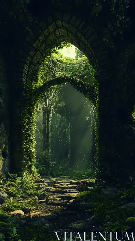 Sunlit forest ruins beneath ivy-clad gothic arches.