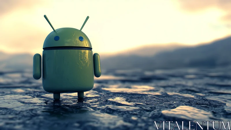 Glossy green android robot stands on wet reflective terrain at dusk