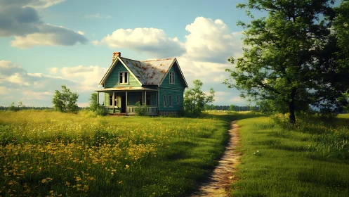 Green farmhouse in sunlit meadow with dirt path leading home.