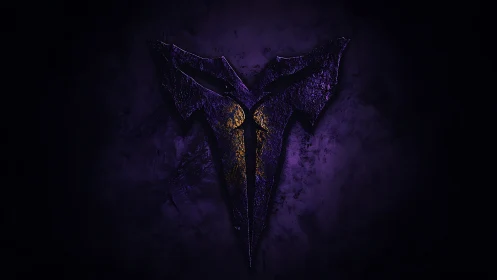 Abstract purple metallic emblem on dark textured void.