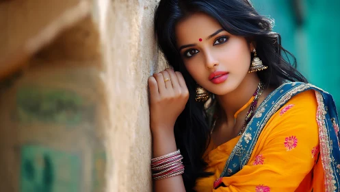 Elegant Indian Woman in Traditional Saree with Vibrant Colors.
