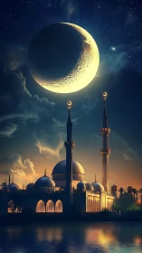Crescent moon dominates luminous mosque skyline at dusk