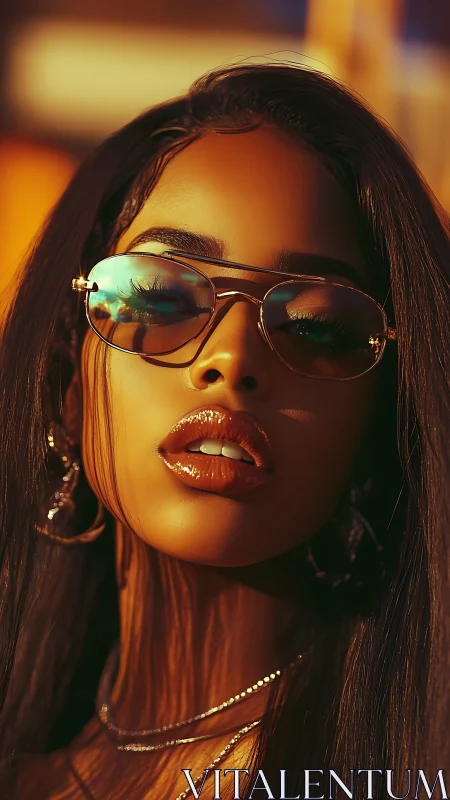 Specular sunset portrait with mirrored aviator optics glow.