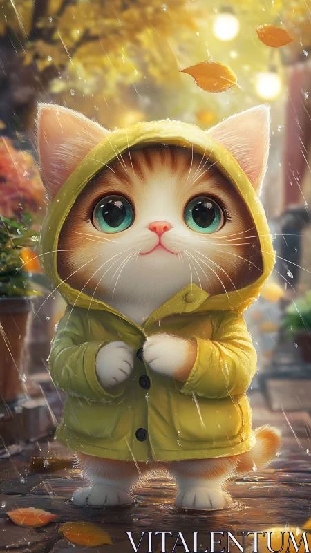 Cat in Yellow Raincoat During Autumn Rainfall