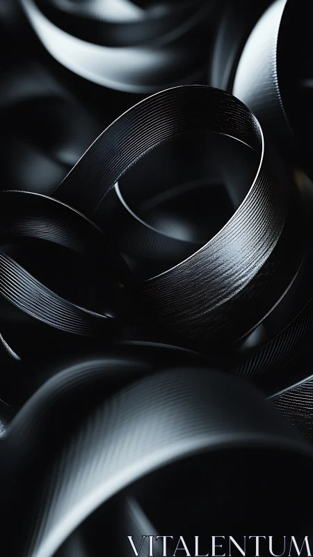 Curved metallic ribbons with dark abstract lighting focus.