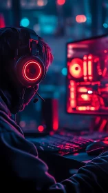 Backlit gamer at RGB workstation under neon magenta teal lighting