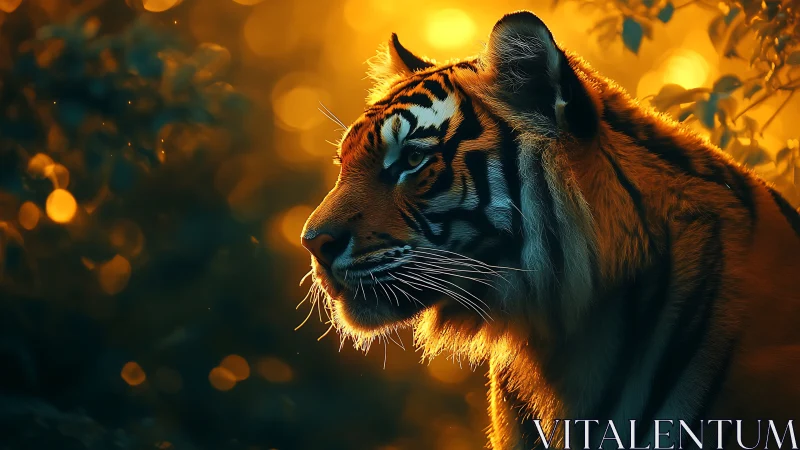 Tiger in molten sunset glow gazes through the jungle shadows.