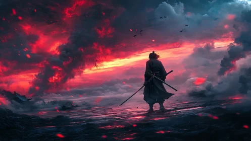 Lone samurai stands under red storm clouds at dusk.