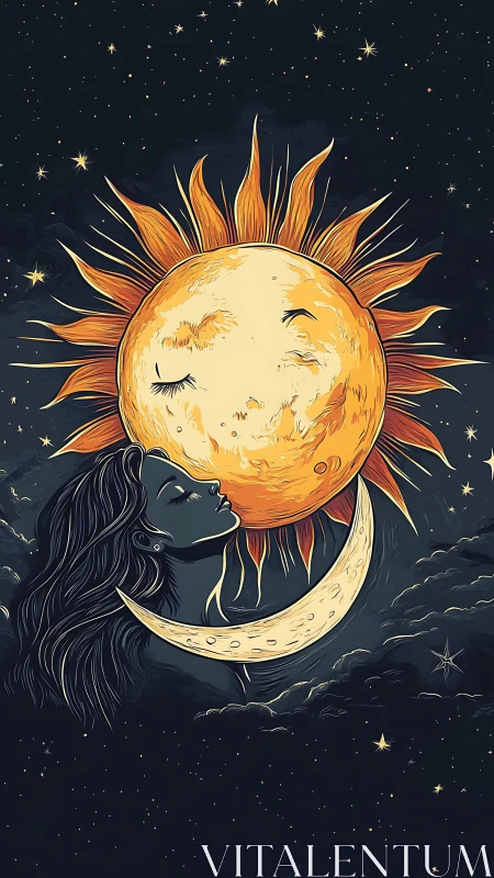 Celestial woman kissing phase-shifted sun and crescent moon.
