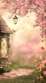 Enchanted cottage path under luminous cherry blossoms.