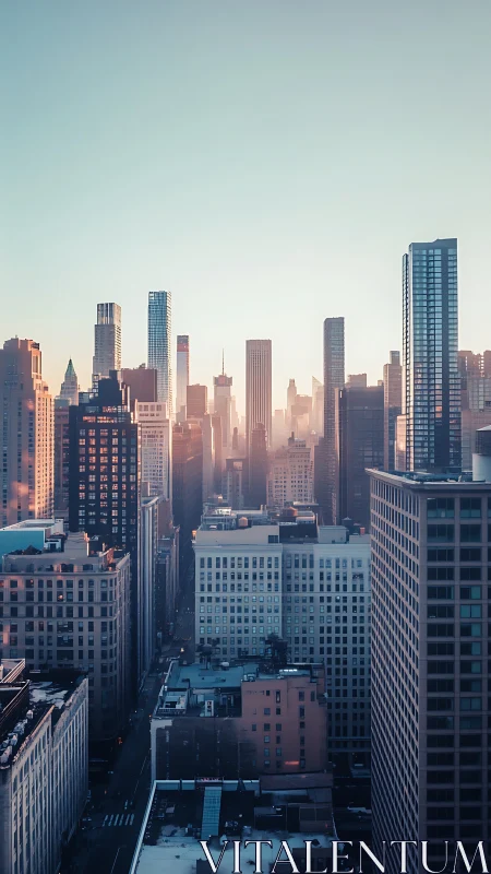High-rise city district in early morning vertical view.