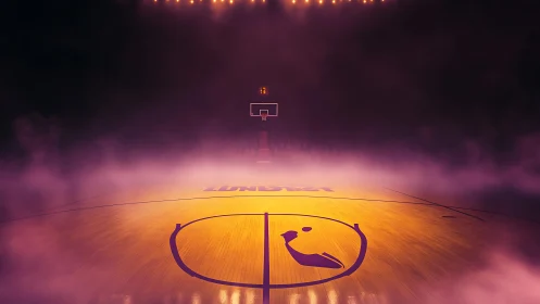 Empty basketball court under fog and arena lights at night.