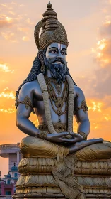 Photorealistic statue of meditative deity against sunset sky.