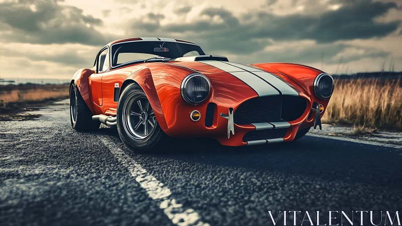 Red sports coupe with white stripes on rural road at dusk.