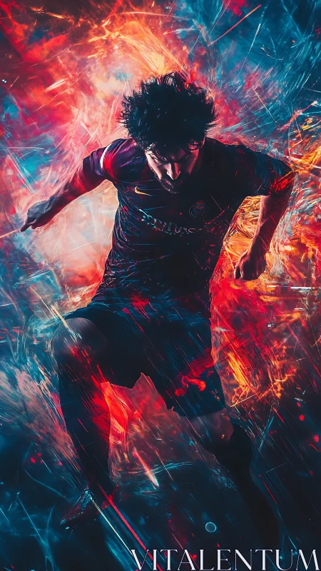 Male football player sprints forward amid dynamic neon streaks