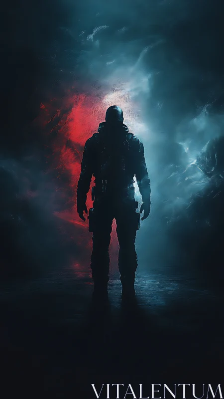 Armored soldier silhouette divides red and blue storm