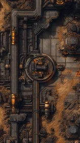 Industrial sci fi facility layout with pipes over desert terrain