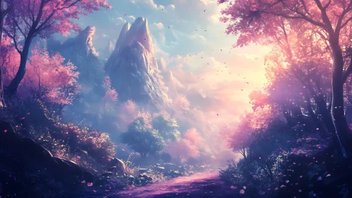 Whispering pastel mountains under an enchanted blossom sky.
