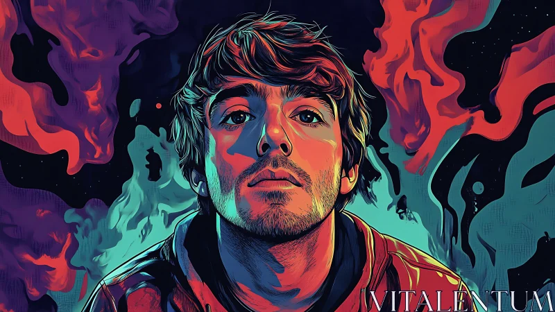 Intense neon portrait captures introspective youth in swirling color