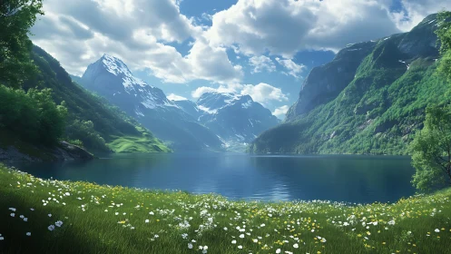 High dynamic range alpine lake vista with volumetric lighting