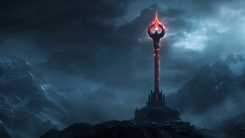 Dark mountain citadel with towering red magical staff