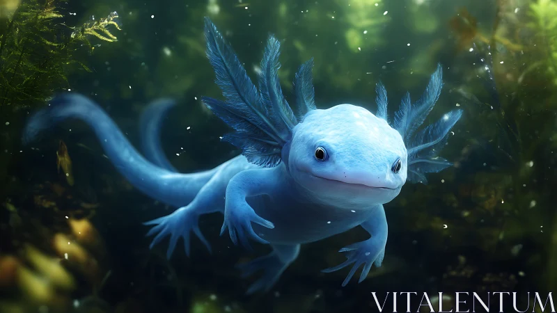 Moonlit axolotl drifts through dream-bright forest waters.