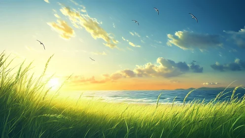 Coastal grassland is illuminated by low-angle sunlight over sea