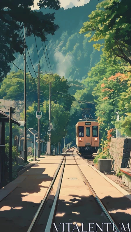 Rural mountain railway scene with orange local train.