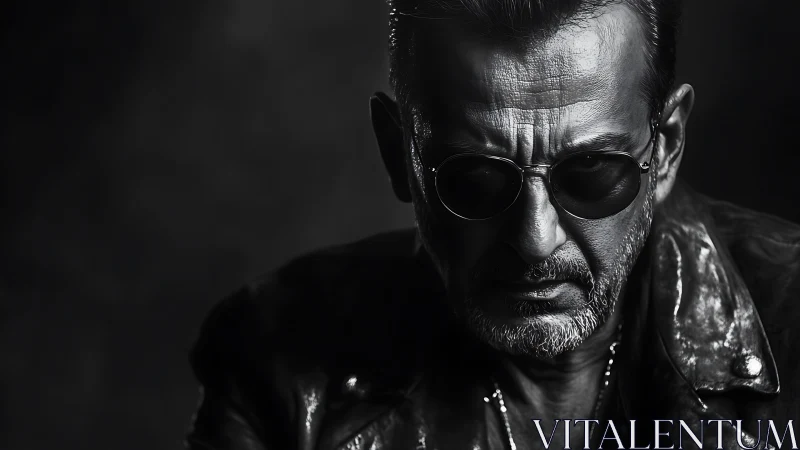 Monochrome portrait of middle aged man in sunglasses.