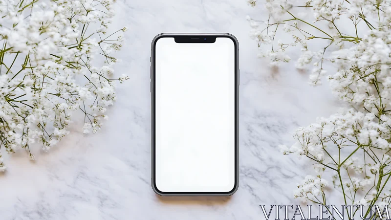 Smartphone with Blank Screen Surrounded by White Delicate Flowers