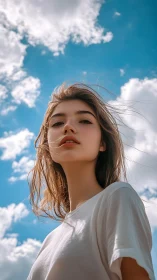 Low-angle portrait under cumulus sky with natural soft lighting