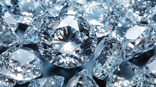 High-dispersion macro render of faceted brilliant diamonds.