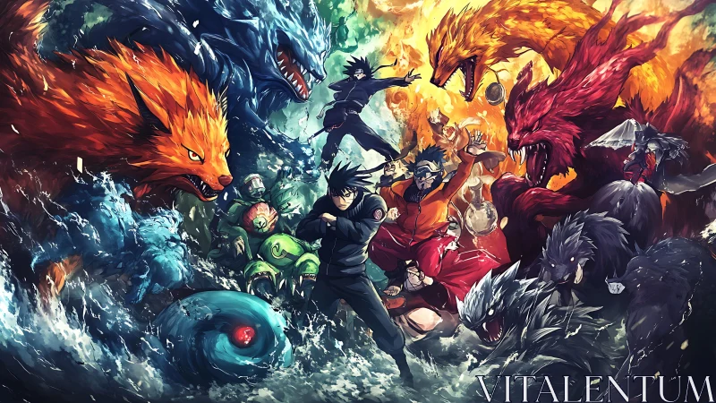 Epic ninja showdown surrounded by vivid elemental beasts.