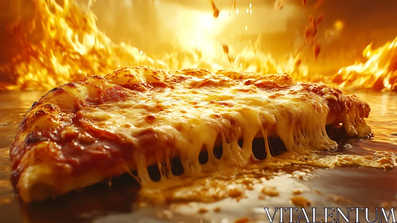 Pizza Slice with Melted Cheese Against Fiery Background