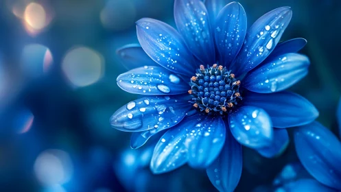 Blue Daisy Adorned With Dewdrops in Twilight