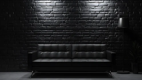 Black leather sofa in moody minimalist loft with brick wall