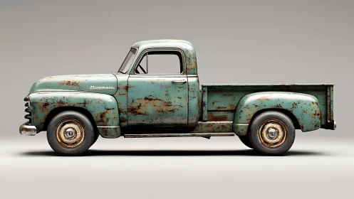 Rusty teal vintage pickup truck rendered in profile view