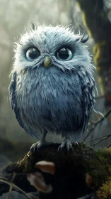 Hyperrealistic blue fledgling owl with oversized reflective eyes