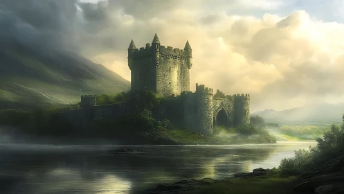 Stone riverside castle under cloudy misty daylight scene.