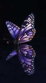Midnight butterfly rests in quiet light with gentle reflection